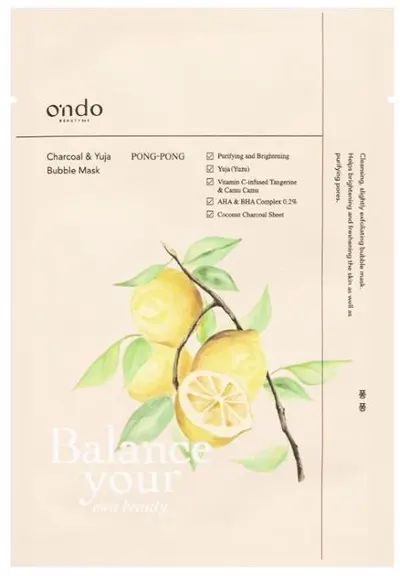 Ondo Beauty 36.5 Mască tip foaie cu bule Charcoal & Yuja, 25 ml