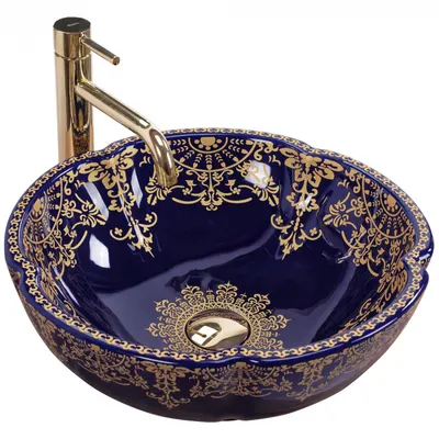 Lavoar pe blat Rea Marina Blue cu decor auriu, ceramica lucioasa, design premium, 42,5 cm