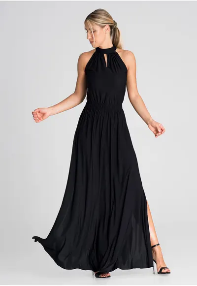 Rochie maxi eleganta neagra - fara maneci - poliester