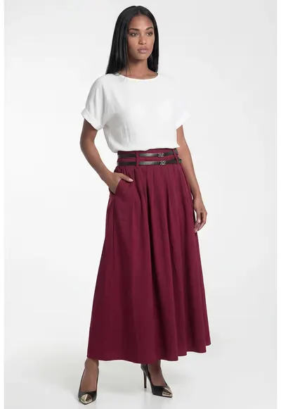 Fusta maxi M1326 - bordeaux - croiala evazata - talie inalta - material elastic