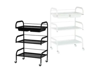 Carucior salon profesional – 3 rafturi, ergonomic si durabil - ST029 - Alb/Negru