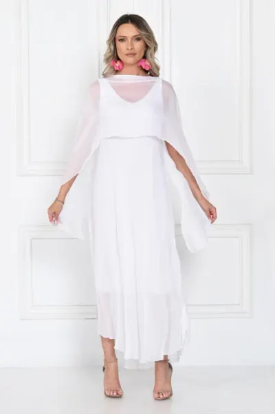 Capa dama din matase si vascoza tip kimono, croi fluid pentru layering, alba