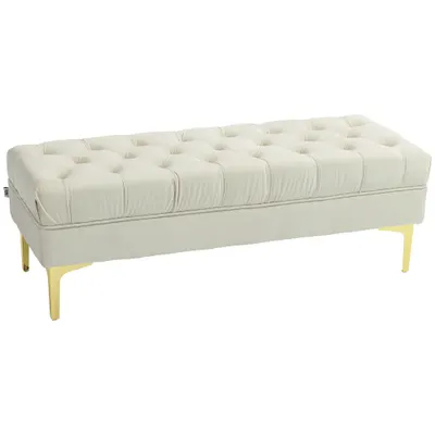 HOMCOM Bancă cu Husă Capitonată, Bancă Tapițată din Catifea cu Picioare Metalice, 118x45x42 cm, Bej | Aosom Romania