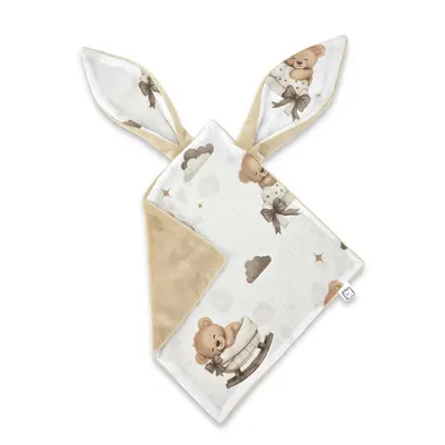 Jucarie textila senzoriala, MimiNu, Moale, Cu doua fete, 30 x 30 cm, Din tesatura minky si bumbac, Materiale certificate Oeko Tex Standard 100, Tedy bear dreams beige