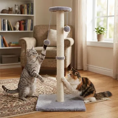 Ansamblu de joacă și stâlp sisal pentru pisici, Jumi, cu clopoței, gri, 81 cm