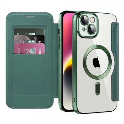 Husa MagSafe pentru Apple iPhone 14 Plus, Techsuit, SmartMag Book, Verde