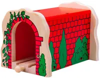 Jucarie din lemn Bigjigs - Tunel din caramida rosie, cu sina