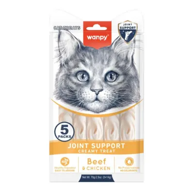 WANPY Joint Support Creamy Treats, Pui și Vită, punguță recompense funcționale pisici, sistem articular, (piure), 70g