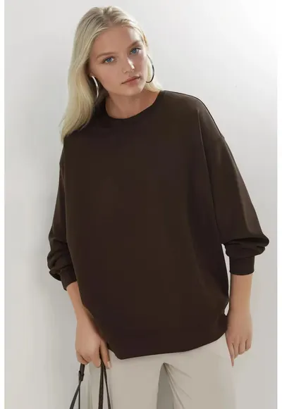 Hanorac dama - tricotat - croiala relaxata - maro cafeniu - textil - Maro