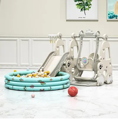 Spatiu de joaca Nichiduta Garden Happy Turtle Grey 3 in 1 cu tobogan, leagan cu bara de protectie detasabila, jucarie muzicala, cos de baschet, mingie si piscina cu 200 bile joaca incluse