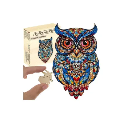 Puzzle din lemn, model Bufnita multicolor, 177 piese forma animale, 38x21,5 cm