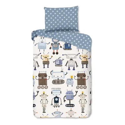 Lenjerie de pat pentru copii albastră-bej din bumbac pentru pat de o persoană 140x200 cm Robo – Good Morning