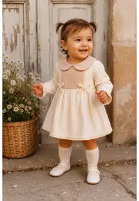 Rochita fetite din muselina - ivoire - cu guler rotund si dantela - eleganta