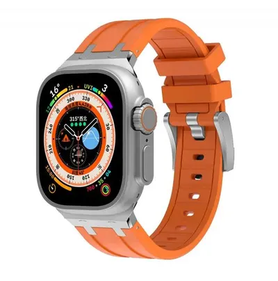 Curea Flexi Steel, Sport, Compatibila Apple Watch, Ajustabila, Silicon si metal, Portocaliu si Argintiu - 44/45/46/49 mm Engros