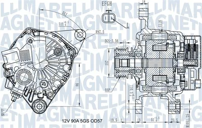 Alternator (12V, 90A) potrivit HYUNDAI GETZ, I10 I, I20 I; KIA PICANTO I 1.1D 1.5D 1.6D 03.03-12.12