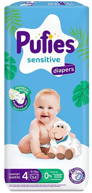 Scutece pentru bebeluși Pufies Sensitive - Mărimea 4, 9-14 kg, 54 buc