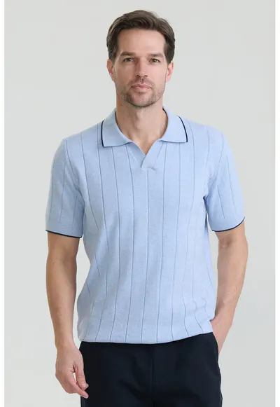 Tricou polo din bumbac cu striatii - Albastru deschis