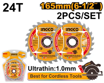 Set 2 Discuri Widia Lemn 165mm Ultra Subtire 1.0mm 24T INGCO TSB1653, alezaj 20mm cu inel reductie 16mm, pentru fierastrau circular pe acumulator