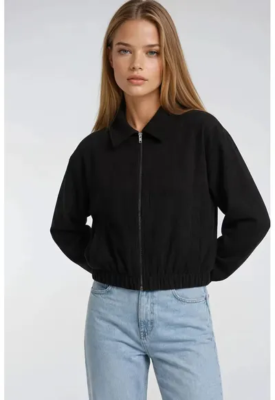 Geaca dama - cu fermoar - buzunare - negru - textil