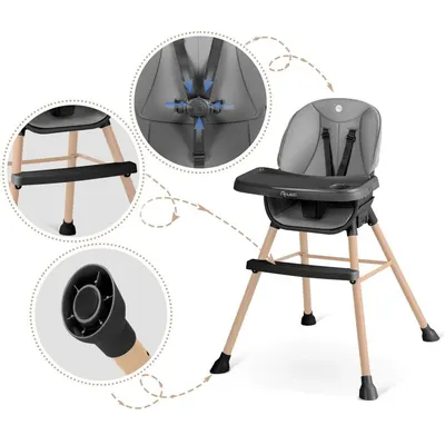 Scaun de masa multifunctional 3in1 Nukido cu utilizare versatila,masuta reglabila si detasabila,husa impermeabila,centuri de siguranta si suport picioare Tilo GriNegru