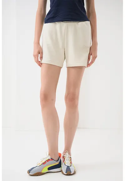 Pantaloni scurti din amestec de bumbac cu logo Alpine - Alb fildes/Piersica