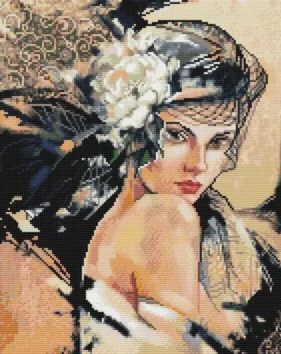 Set de broderie cu diamante MagicArt - Doamna în negru, 40 х 50 cm, cu mărgele rotunde, inspirate dintr-o pictură de Miglena Kirilova
