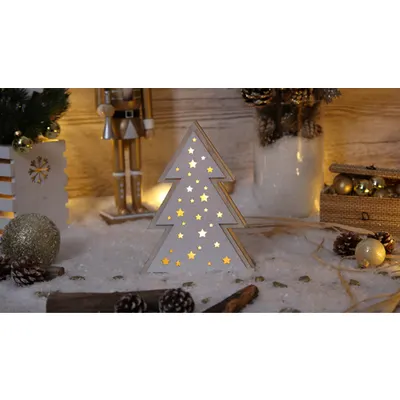Brad de Craciun LED, din lemn, cu baterii Timer 6+18h, 4LED, 3000K, 2xAAA
