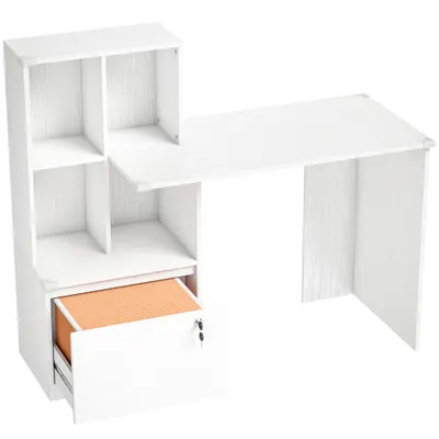 HOMCOM Birou de calculator cu bibliotecă 4 compartimente și sertar încuiabil, 126 x 50 x 109 cm, aspect lemn alb | Aosom Romania
