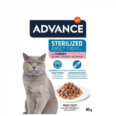 Set 12 buc x 85 gr Hrana umeda pentru pisici Advance Sterilised cu curcan