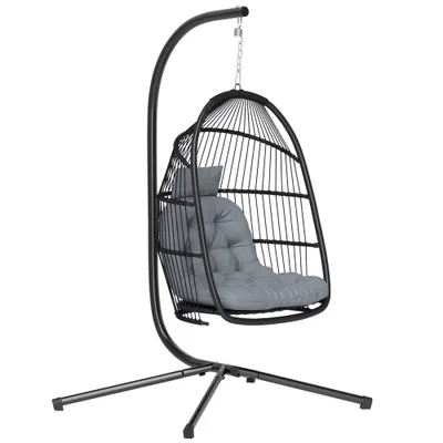 Outsunny Scaun Suspendat tip Ou cu Suport cu Coș Pliabil Pernă și Tetieră pentru Interior și Exterior Sarcină 150 kg Gri | Aosom Romania