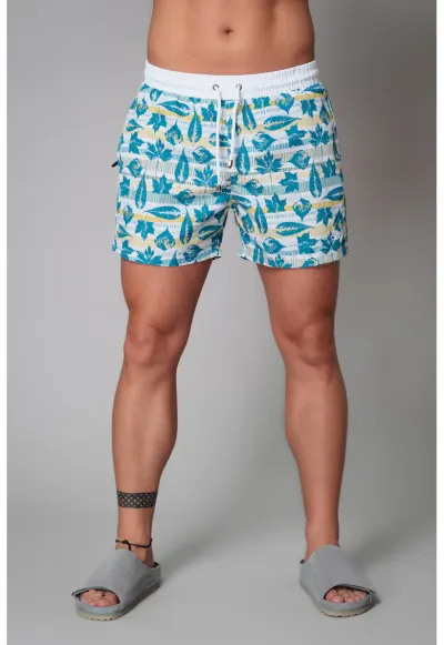 Pantaloni scurti de baie cu model si talie ajustabila - Alb/Albastru royal