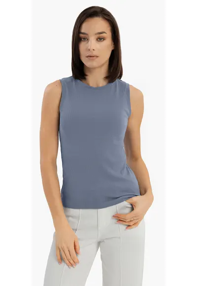 Tricou fara maneci cu nervuri - Slim Fit - dama - decolteu la baza gatului - T-Demi - albastru - Albastru