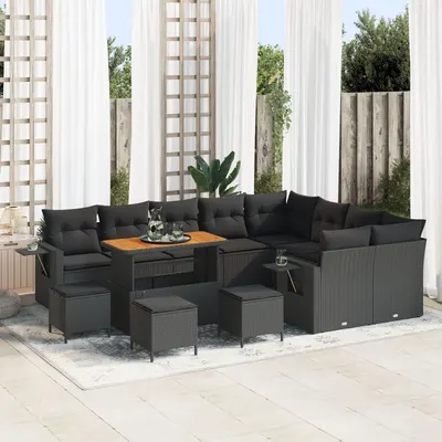 Set canapea gradina Gossi cu 12 piese si perne negru poliratan acacia, set de dining gradina Gossi cu 3 piese si perne negru poliratan acacia