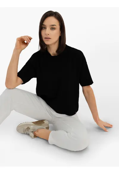 Tricou dama din bumbac cu maneci scurti - Comfort Fit - uni - T-Flame - negru - XXL