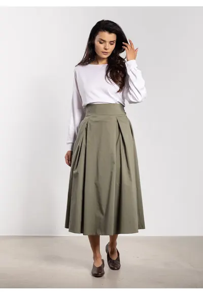 Fusta midi - talie inalta - legatura la spate - verde - nylon