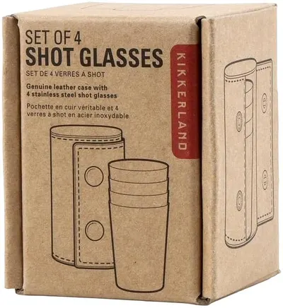 Pahare de shot Kikkerland - 4 buc, 25 ml, cu husă din piele