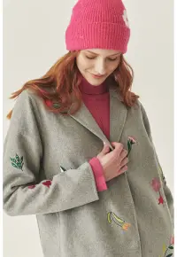 Palton din amestec de lana cu broderie TATUUM x Adeline Wang - Verde/Gri deschis/Roz