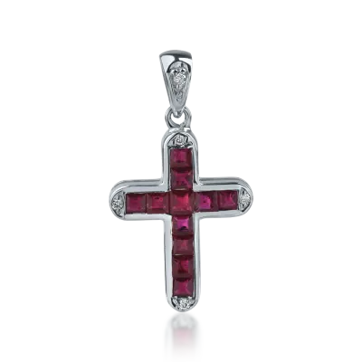 Pandantiv cruce din aur alb cu rubine square de 0.66ct si diamante de 0.03ct