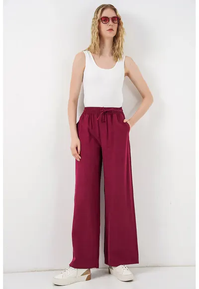 Pantaloni dama - talie inalta - picior larg - rosu burgundy