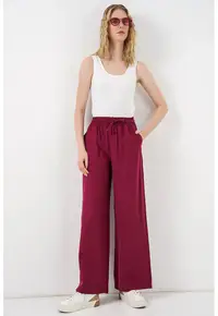 Pantaloni dama - talie inalta - picior larg - rosu burgundy