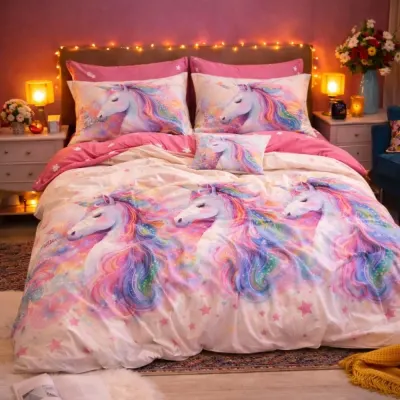 Lenjerie pat dublu, Finet, 6 piese, Roz, Bleu, unicorni fantasy