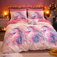 Lenjerie pat dublu, Finet, 6 piese, Roz, Bleu, unicorni fantasy