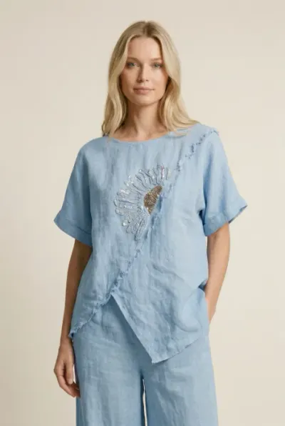 Bluza din in bleu cu paiete si broderie, croi lejer asimetric, stil elegant natural