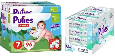 Scutece chiloței Pufies Fashion & Nature - Mărimea 7, 17+ kg, 96 buc + șervețele umede Pufies Clean Care, 12 х 64 buc
