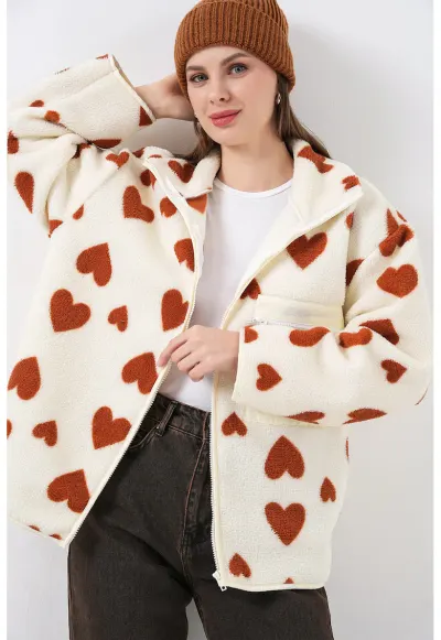 Jacheta dama supradimensionat - buzunare detaliate - textil - ecru/maro