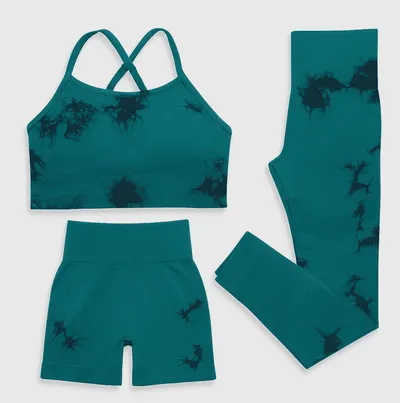 Set pentru Sala Green/Black 3 piese, Pantalon scurt si Colanti plus Bustiera, Model Tie-Dye - M, MIX15471-2145
