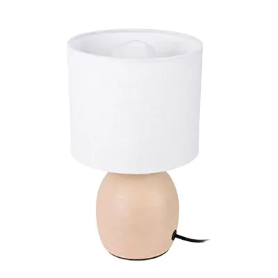 Lampă de masă decorativă cu abajur textil alb și bază ceramică bej, E14
