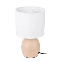 Lampă de masă decorativă cu abajur textil alb și bază ceramică bej, E14
