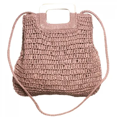 Geanta impletita crossbody, cu manere late din lemn, roz prafuit