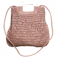 Geanta impletita crossbody, cu manere late din lemn, roz prafuit